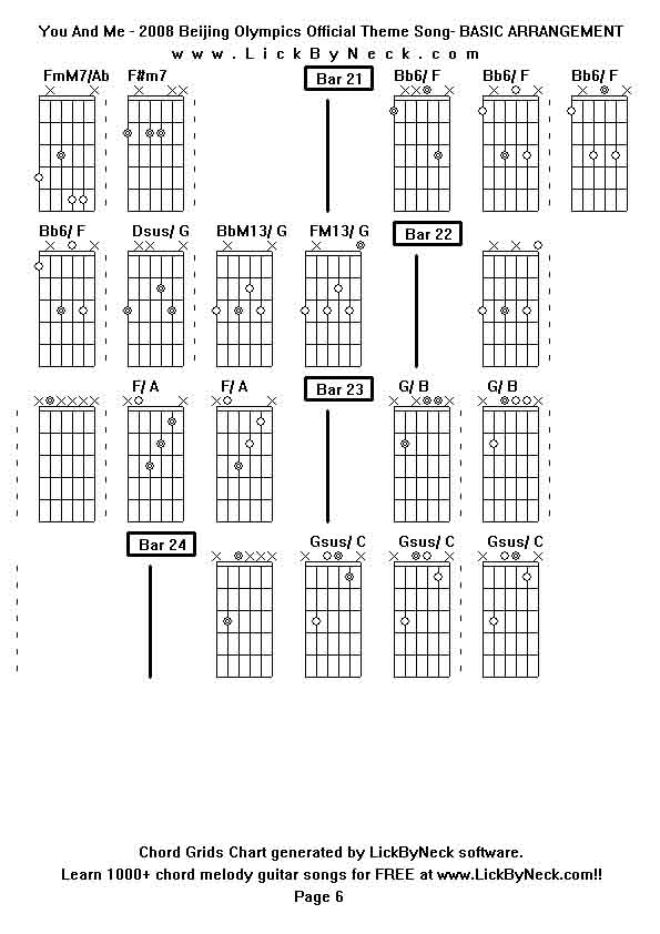 Chord Grids Chart of chord melody fingerstyle guitar song-You And Me - 2008 Beijing Olympics Official Theme Song- BASIC ARRANGEMENT,generated by LickByNeck software.